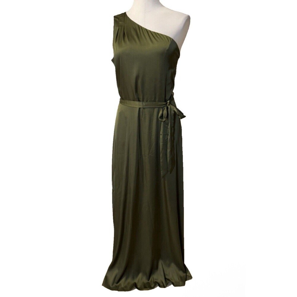 NWOT NICOLE MILLER Size 8 Maxi Dress One Shoulder Satin Olive‎ Green Tie Belt
